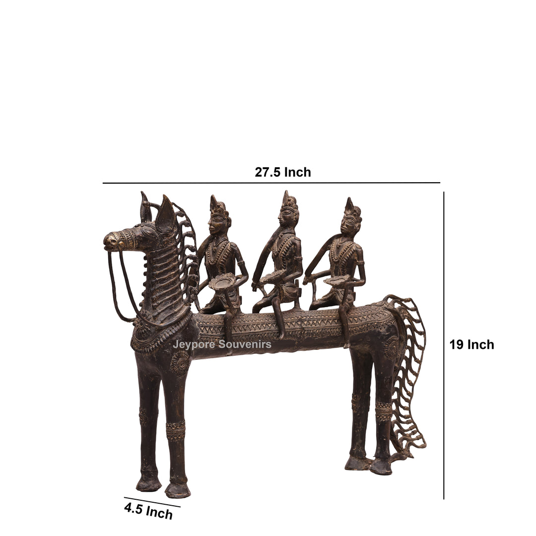Handcrafted Dhokra Brass Horse Statue with 3 Riders