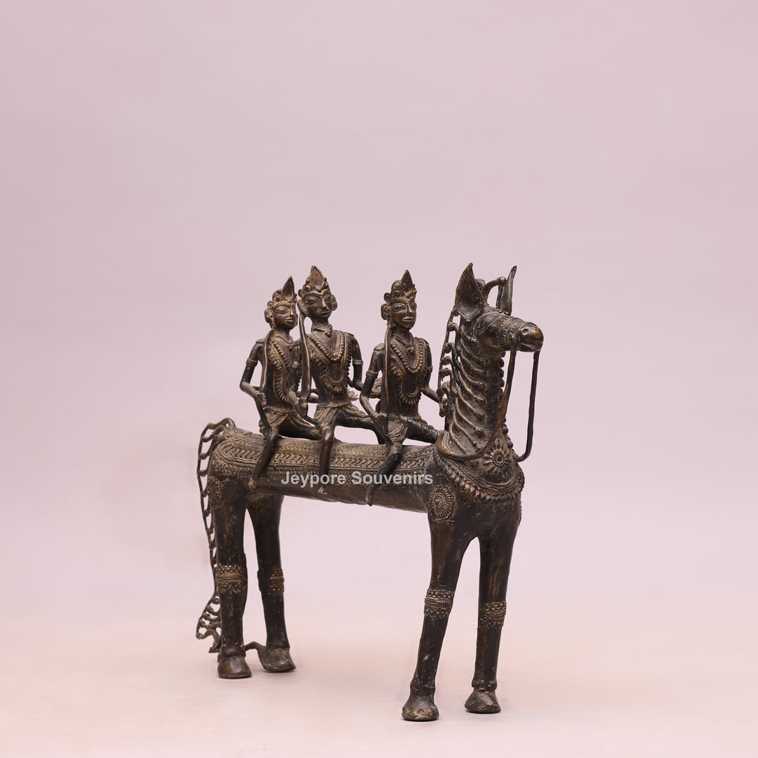 Handcrafted Dhokra Brass Horse Statue with 3 Riders