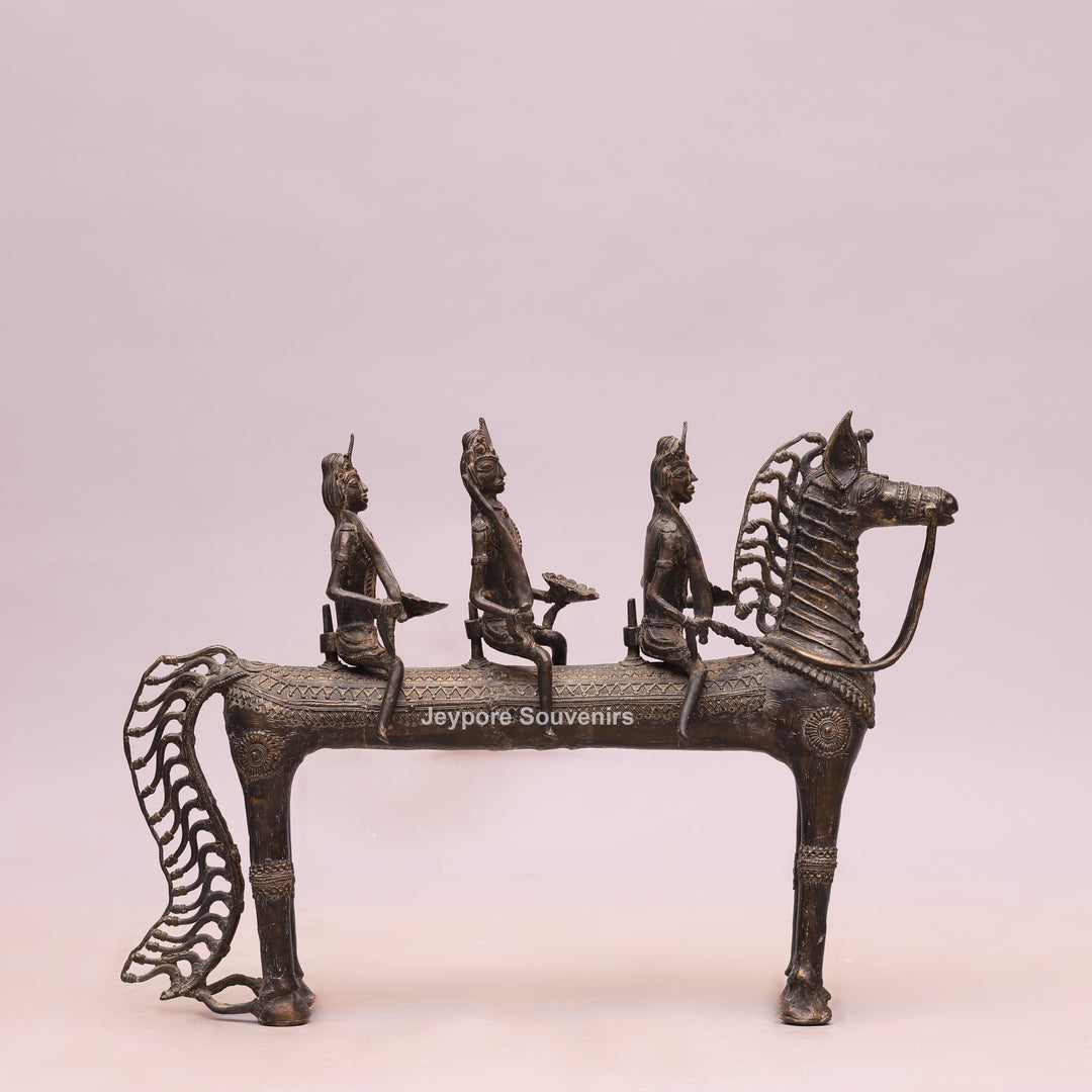 Handcrafted Dhokra Brass Horse Statue with 3 Riders