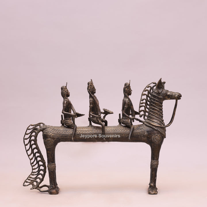 Handcrafted Dhokra Brass Horse Statue with 3 Riders