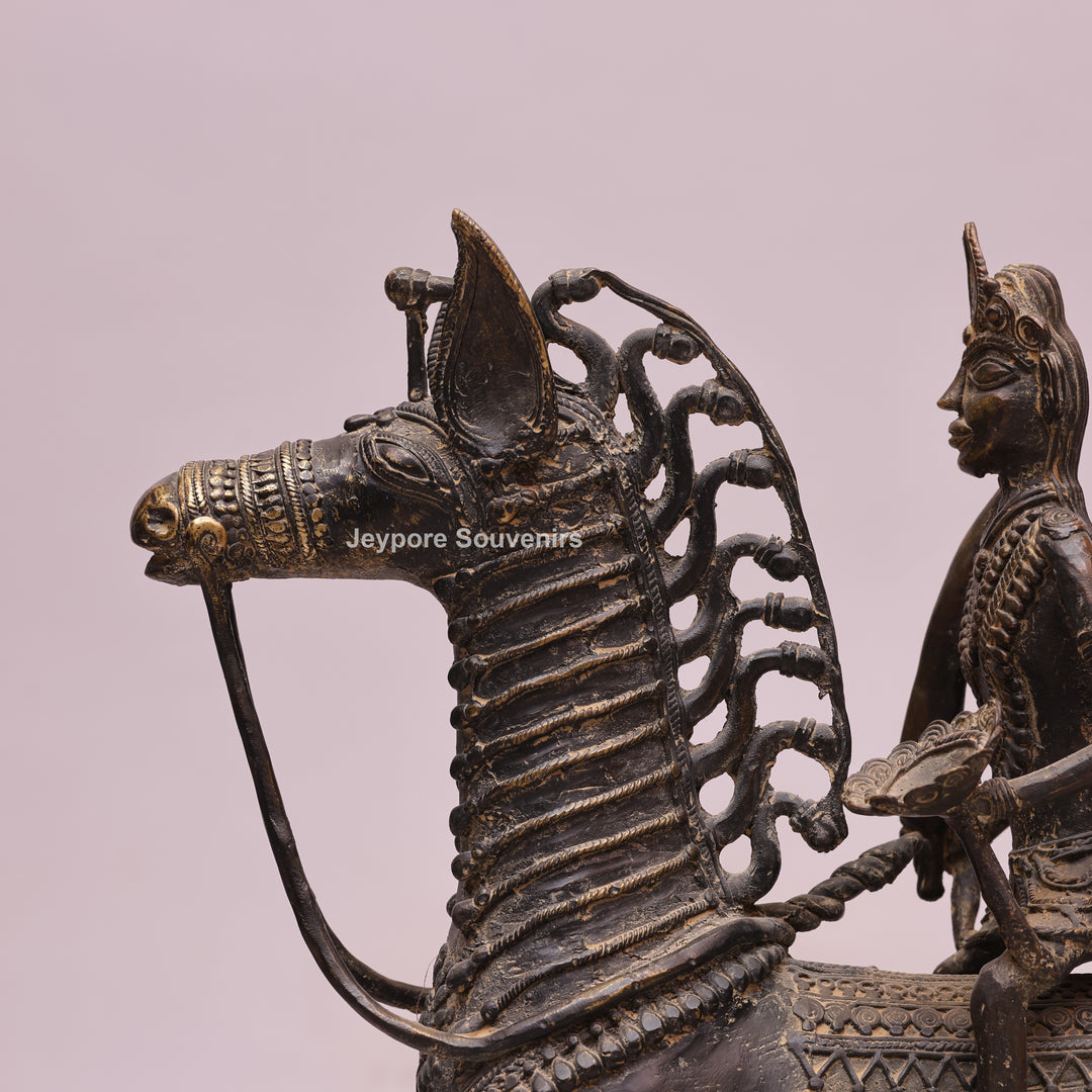 Handcrafted Dhokra Brass Horse Statue with 3 Riders
