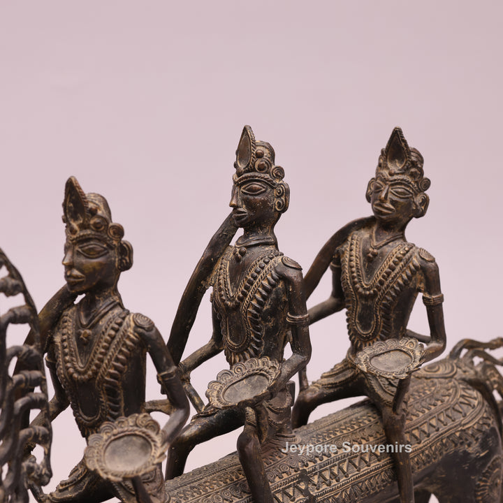 Handcrafted Dhokra Brass Horse Statue with 3 Riders