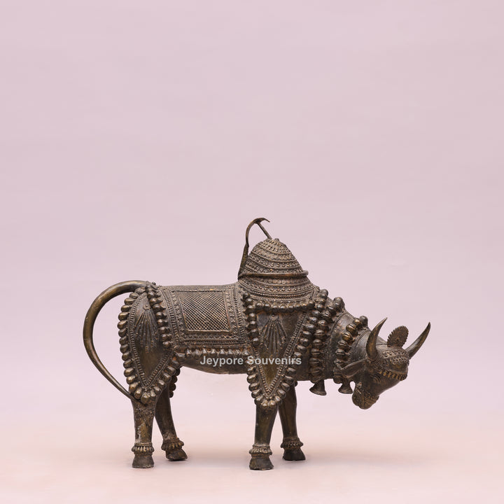 Handcrafted Dhokra Brass Nandi Bull Sculpture With Ornate Tribal Wirework