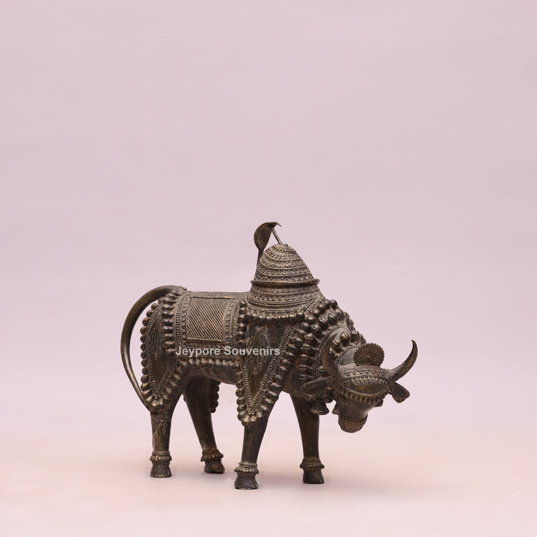 Handcrafted Dhokra Brass Nandi Bull Sculpture With Ornate Tribal Wirework