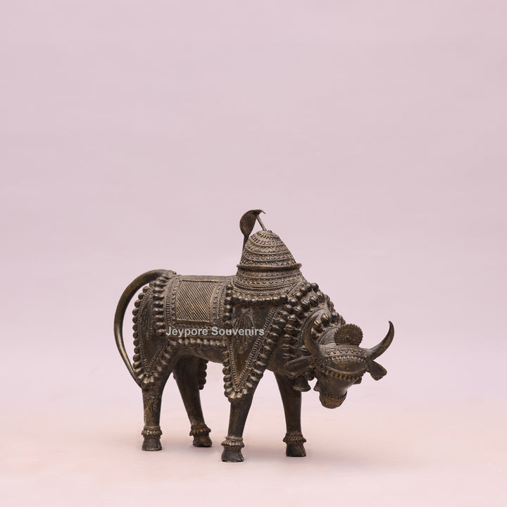 Handcrafted Dhokra Brass Nandi Bull Sculpture With Ornate Tribal Wirework