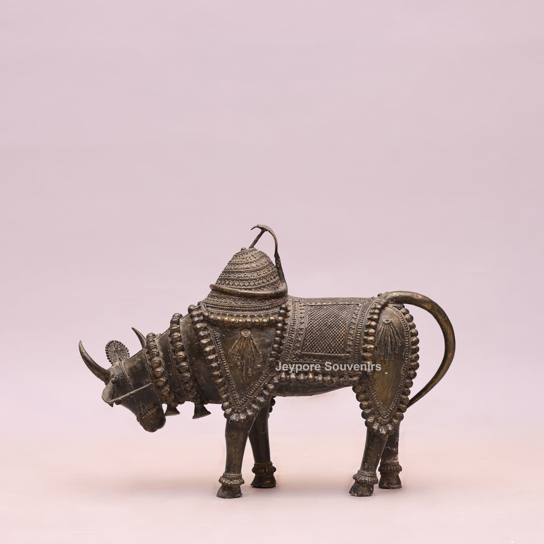Handcrafted Dhokra Brass Nandi Bull Sculpture With Ornate Tribal Wirework