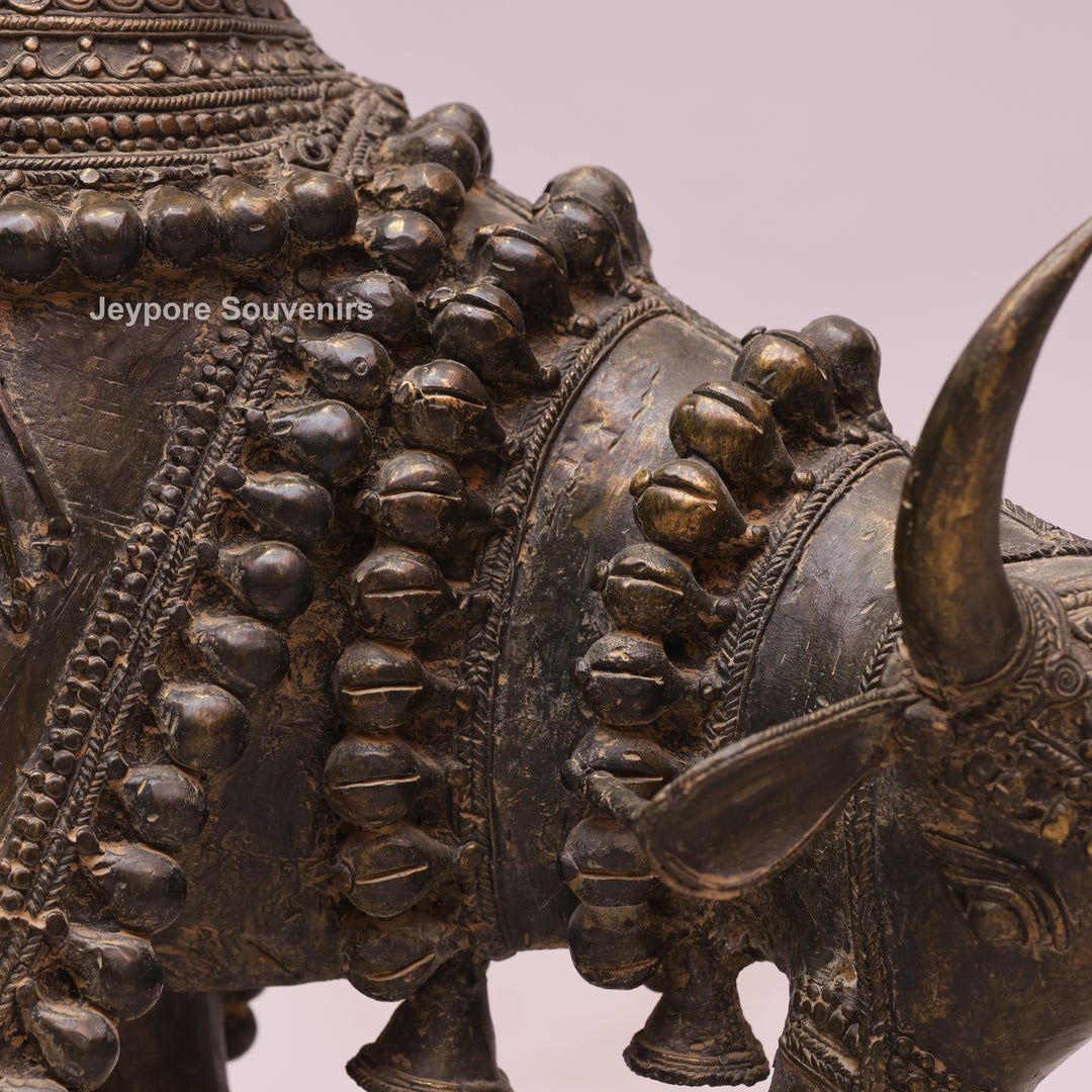Handcrafted Dhokra Brass Nandi Bull Sculpture With Ornate Tribal Wirework