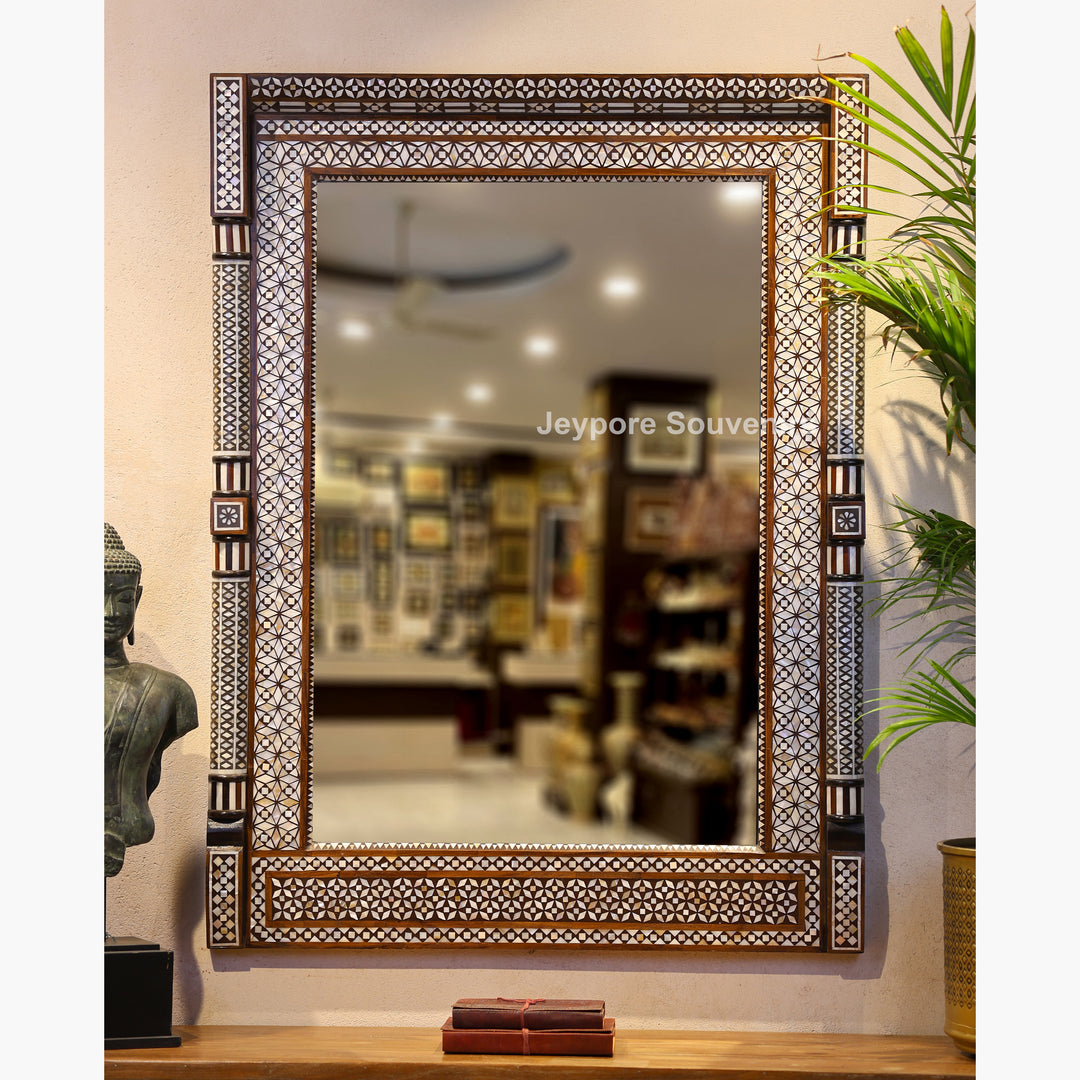 Handcrafted Geometric Mother of Pearl Inlay Wooden Wall Mirror