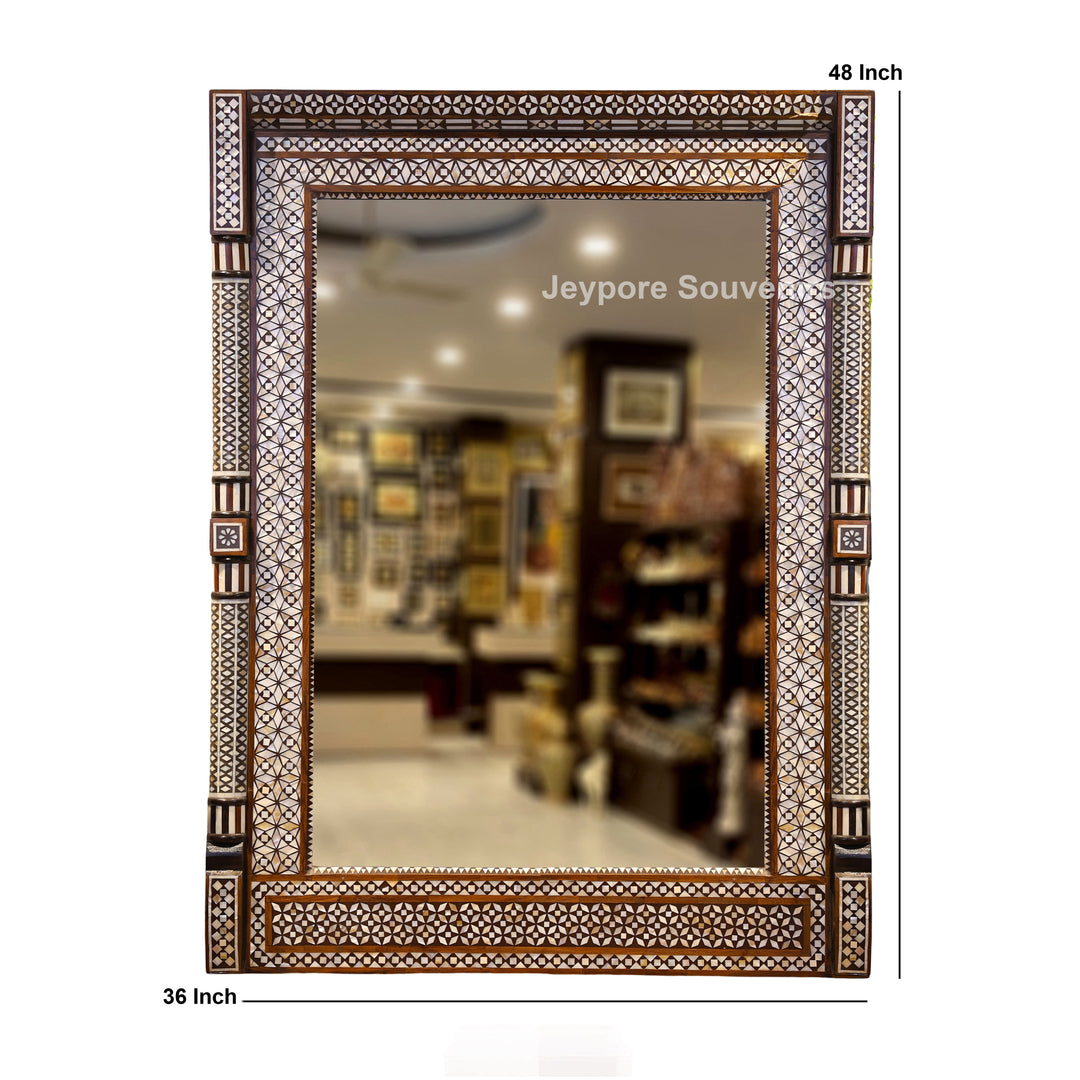 Handcrafted Geometric Mother of Pearl Inlay Wooden Wall Mirror