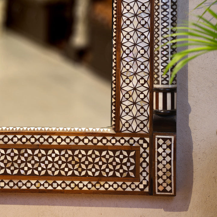 Handcrafted Geometric Mother of Pearl Inlay Wooden Wall Mirror