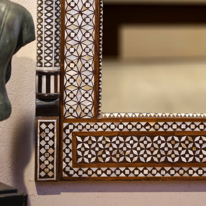 Handcrafted Geometric Mother of Pearl Inlay Wooden Wall Mirror