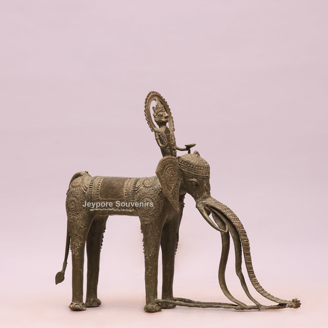 Handcrafted Dhokra Brass Elephant Statue with Rider