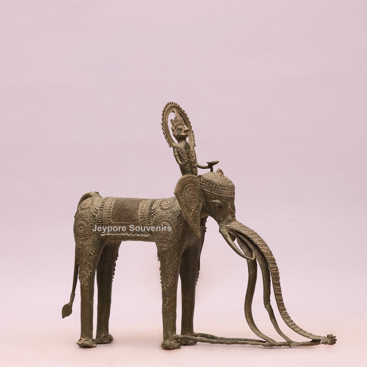 Handcrafted Dhokra Brass Elephant Statue with Rider