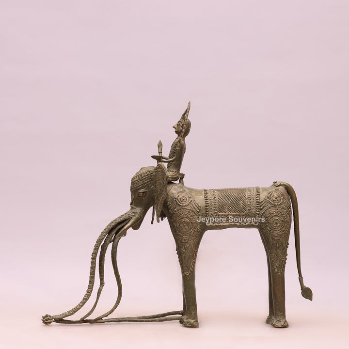Handcrafted Dhokra Brass Elephant Statue with Rider