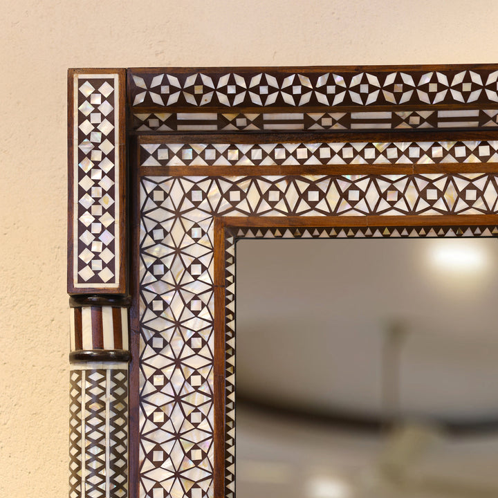 Handcrafted Geometric Mother of Pearl Inlay Wooden Wall Mirror