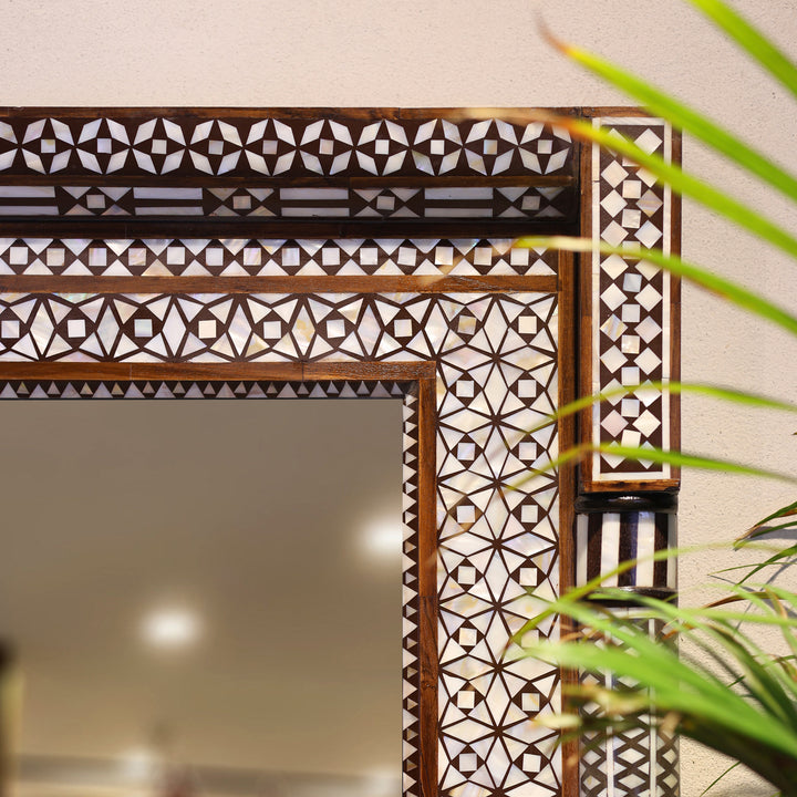 Handcrafted Geometric Mother of Pearl Inlay Wooden Wall Mirror