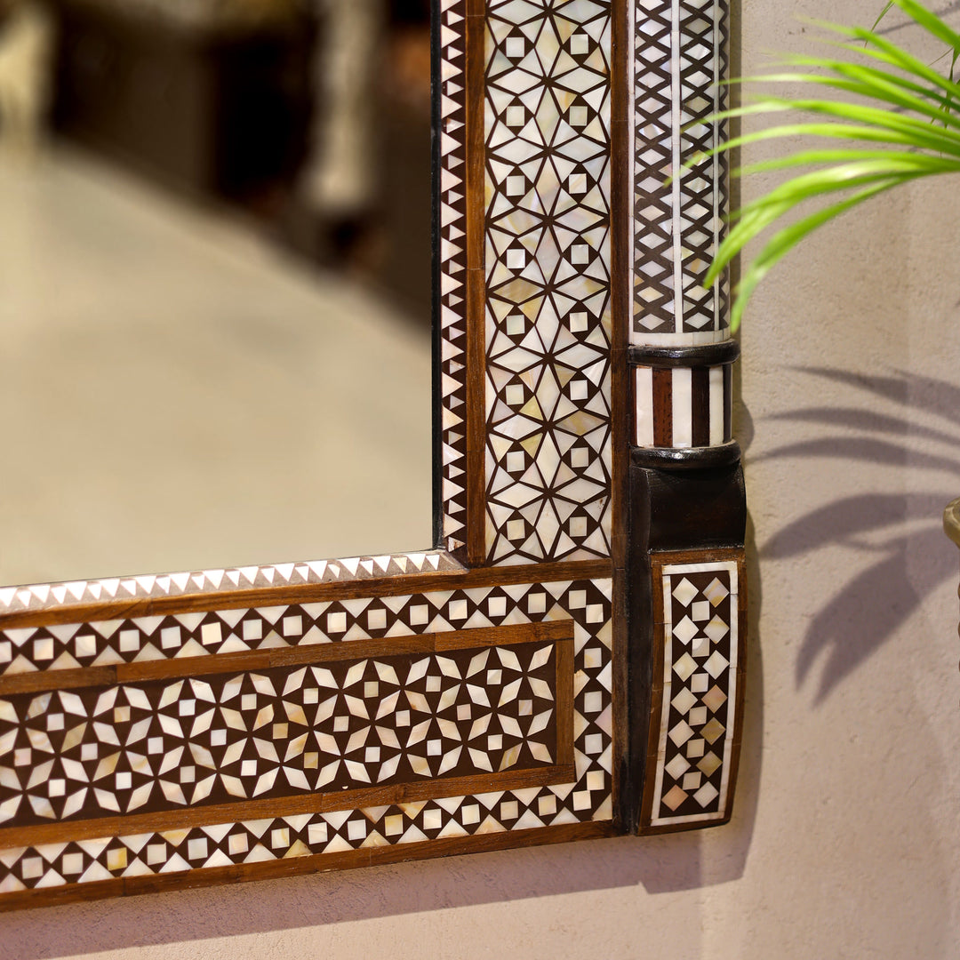 Handcrafted Geometric Mother of Pearl Inlay Wooden Wall Mirror