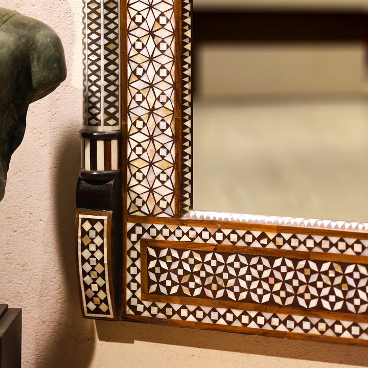 Handcrafted Geometric Mother of Pearl Inlay Wooden Wall Mirror