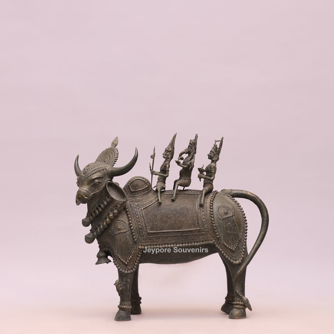 Handcrafted Dhokra Brass Nandi Statue with Shiva, Ganesha &amp; Kartikeya