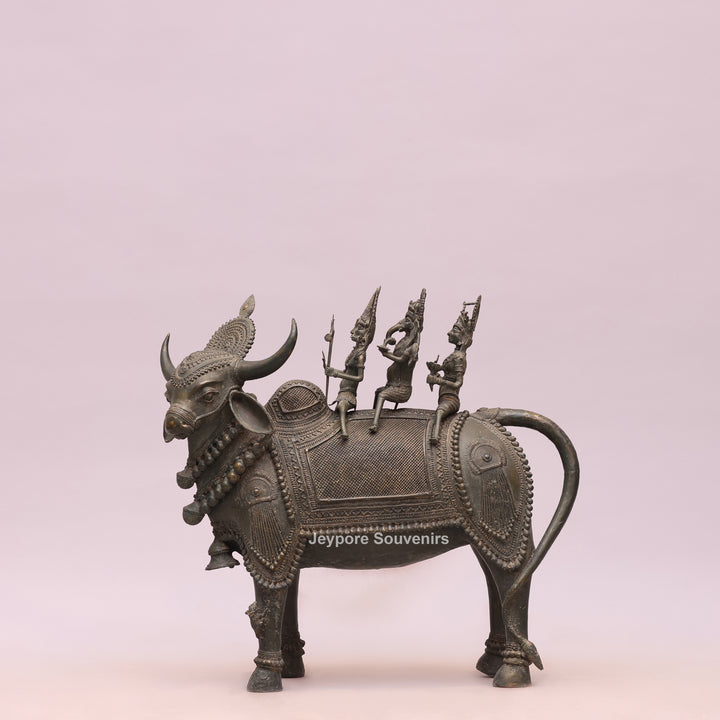Handcrafted Dhokra Brass Nandi Statue with Shiva, Ganesha &amp; Kartikeya