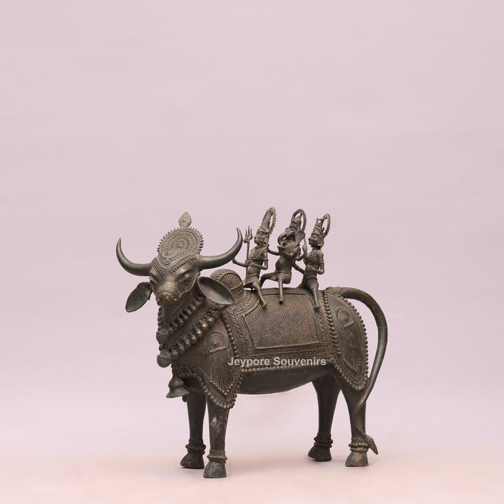 Handcrafted Dhokra Brass Nandi Statue with Shiva, Ganesha &amp; Kartikeya