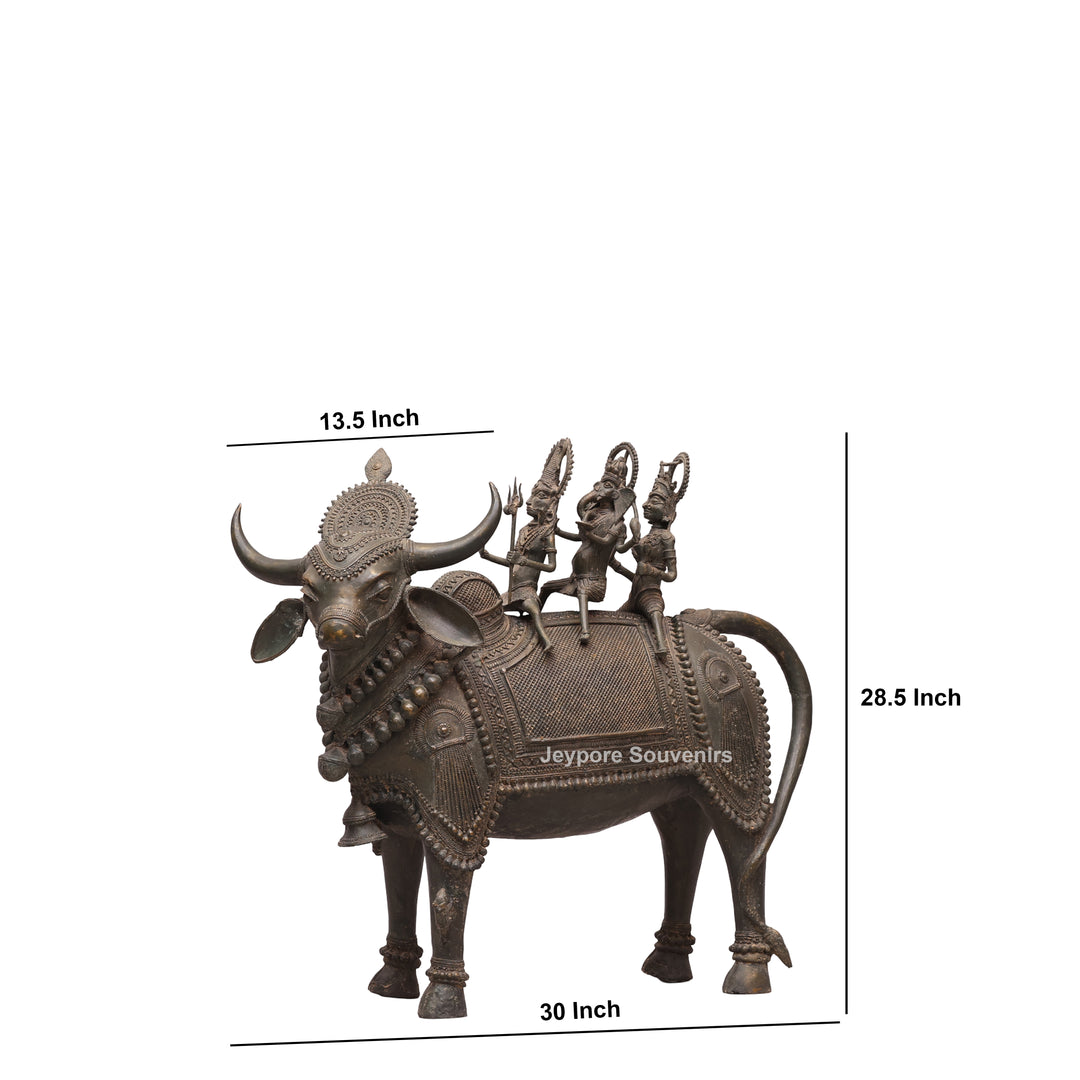 Handcrafted Dhokra Brass Nandi Statue with Shiva, Ganesha &amp; Kartikeya