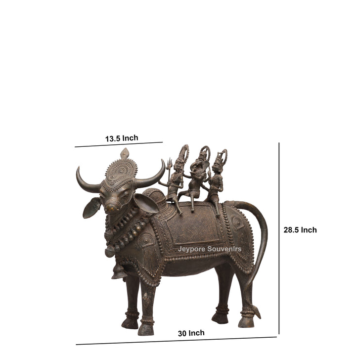 Handcrafted Dhokra Brass Nandi Statue with Shiva, Ganesha &amp; Kartikeya