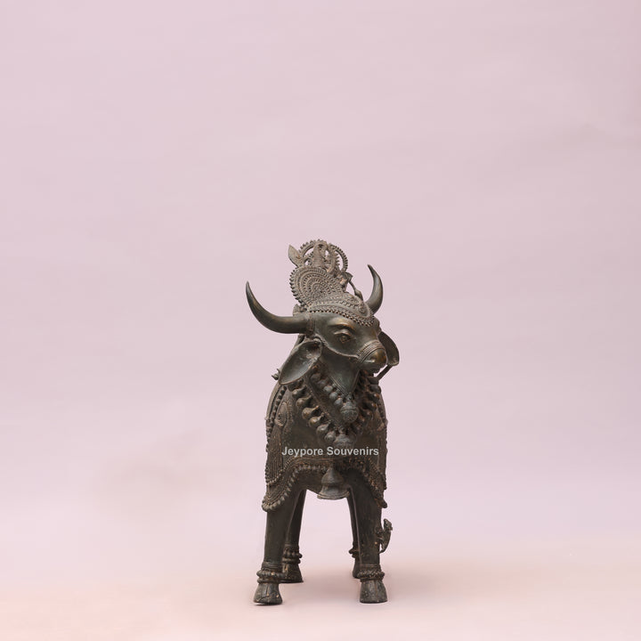 Handcrafted Dhokra Brass Nandi Statue with Shiva, Ganesha &amp; Kartikeya