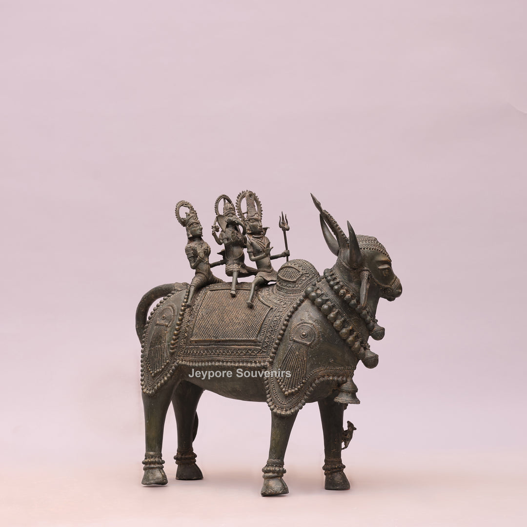 Handcrafted Dhokra Brass Nandi Statue with Shiva, Ganesha &amp; Kartikeya