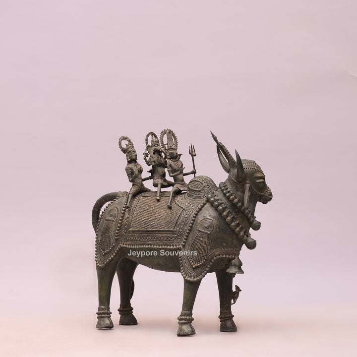 Handcrafted Dhokra Brass Nandi Statue with Shiva, Ganesha &amp; Kartikeya