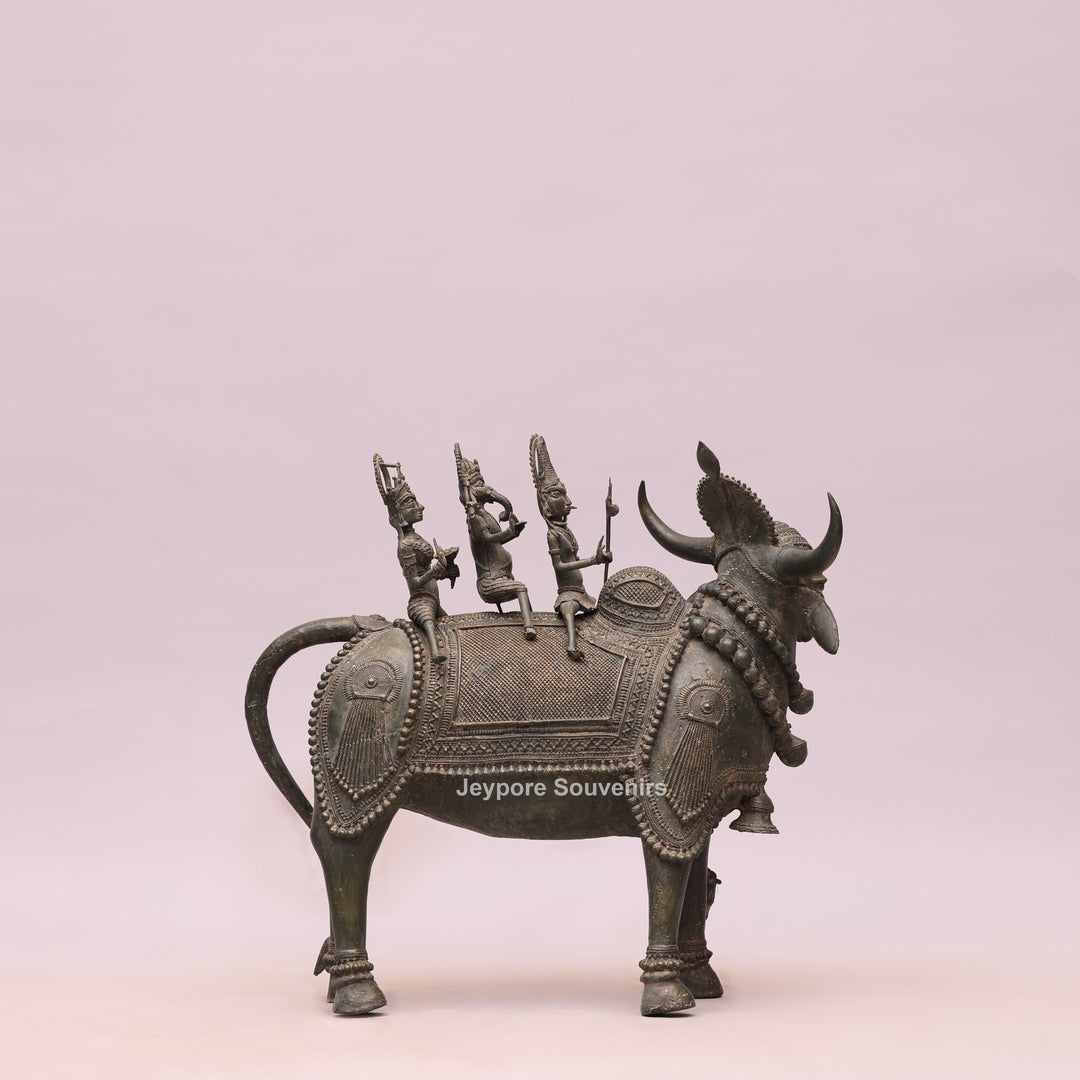 Handcrafted Dhokra Brass Nandi Statue with Shiva, Ganesha &amp; Kartikeya