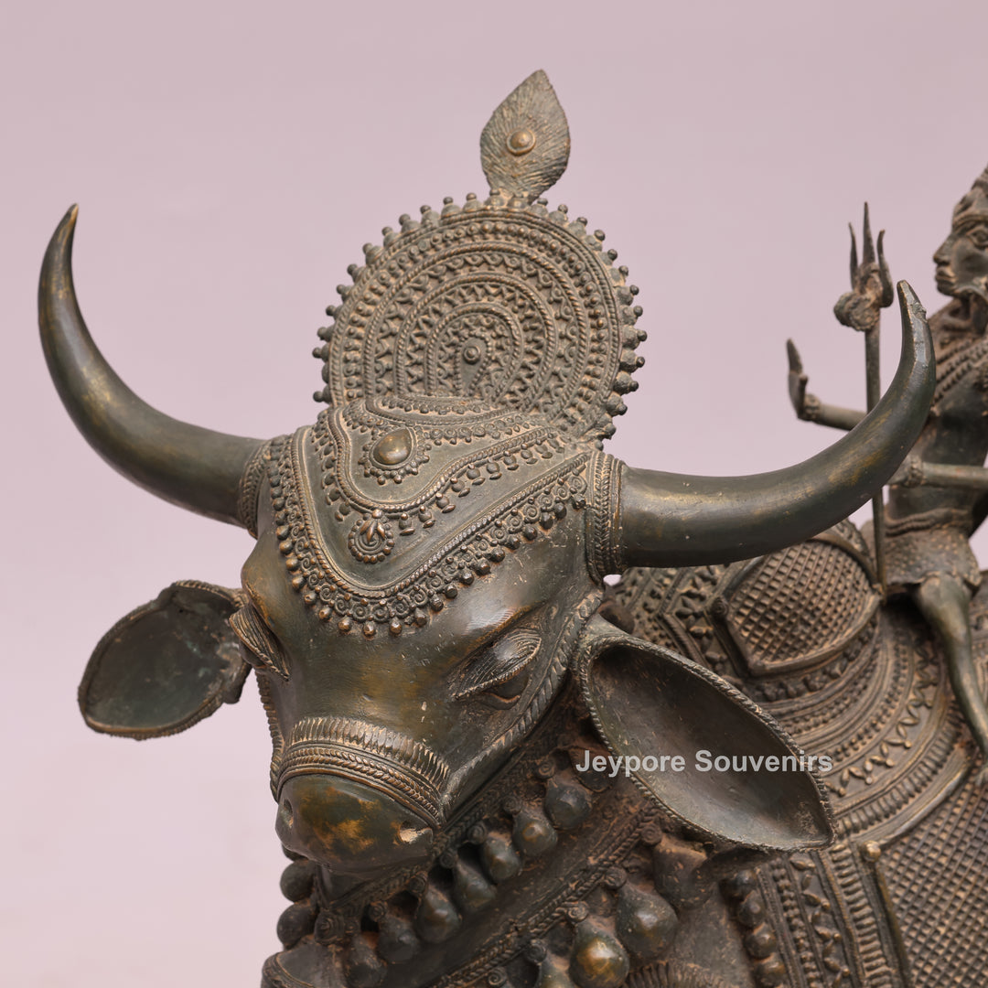 Handcrafted Dhokra Brass Nandi Statue with Shiva, Ganesha &amp; Kartikeya