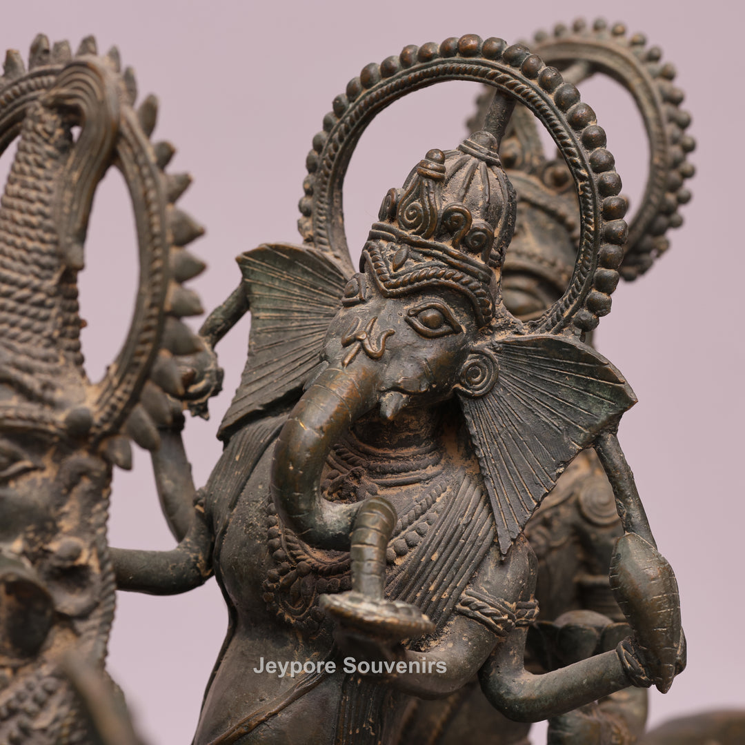 Handcrafted Dhokra Brass Nandi Statue with Shiva, Ganesha &amp; Kartikeya
