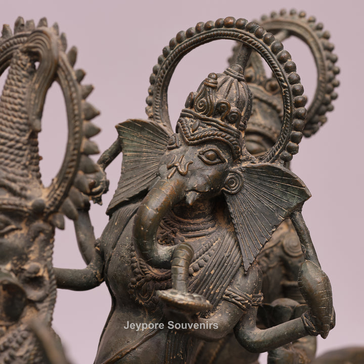 Handcrafted Dhokra Brass Nandi Statue with Shiva, Ganesha &amp; Kartikeya