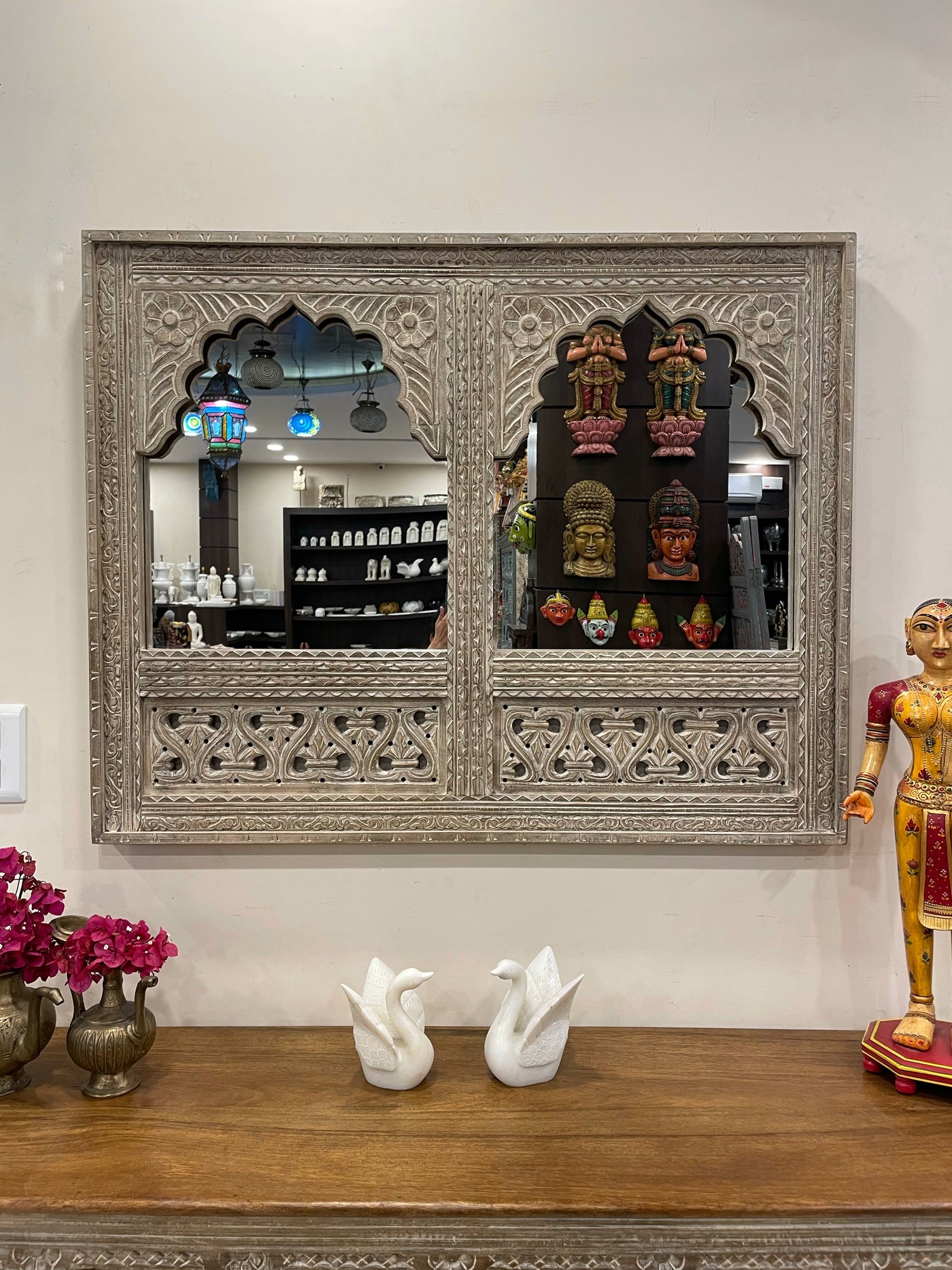 2 Jharokha Hand carved mirror frame in distressed finish