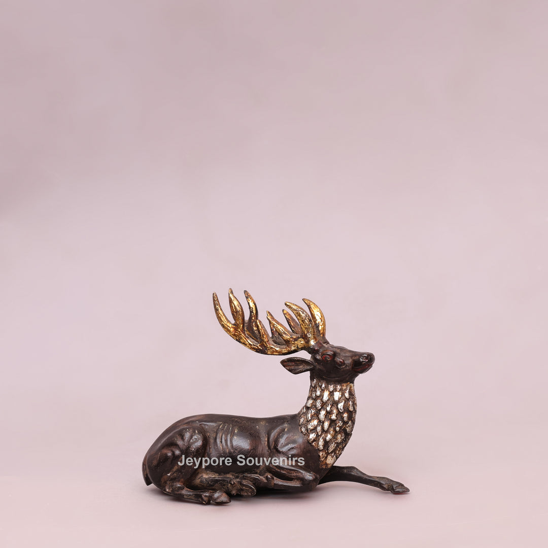 Handcrafted Brass Dhokra Deer Statue with Golden Antlers