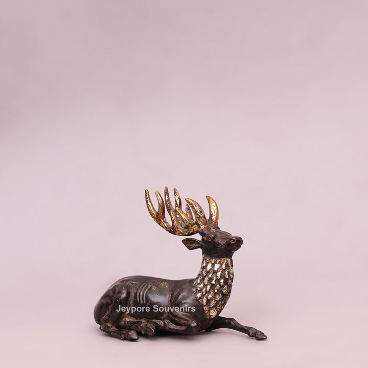 Handcrafted Brass Dhokra Deer Statue with Golden Antlers