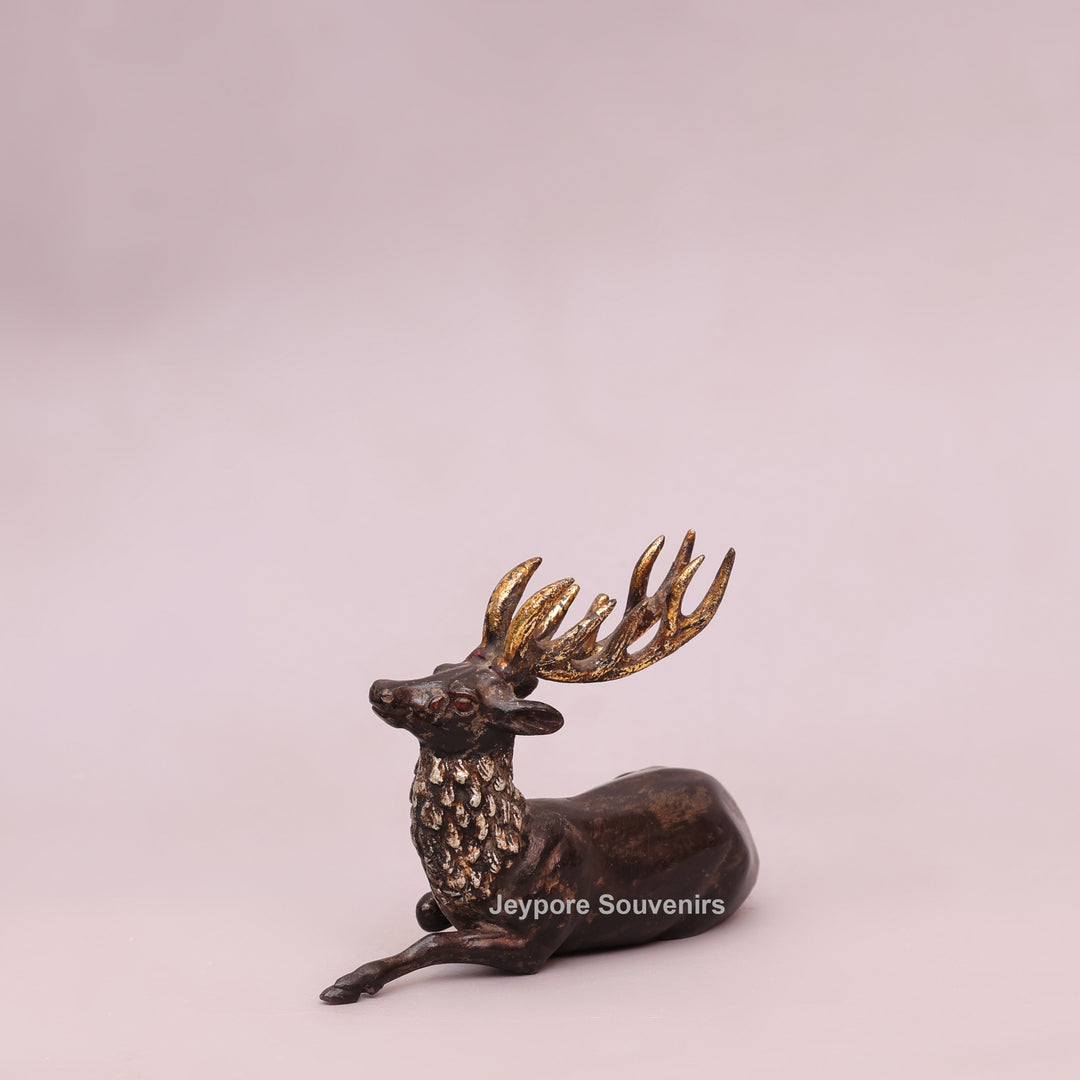 Handcrafted Brass Dhokra Deer Statue with Golden Antlers