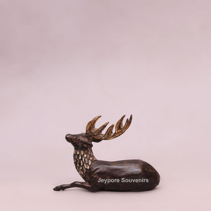 Handcrafted Brass Dhokra Deer Statue with Golden Antlers