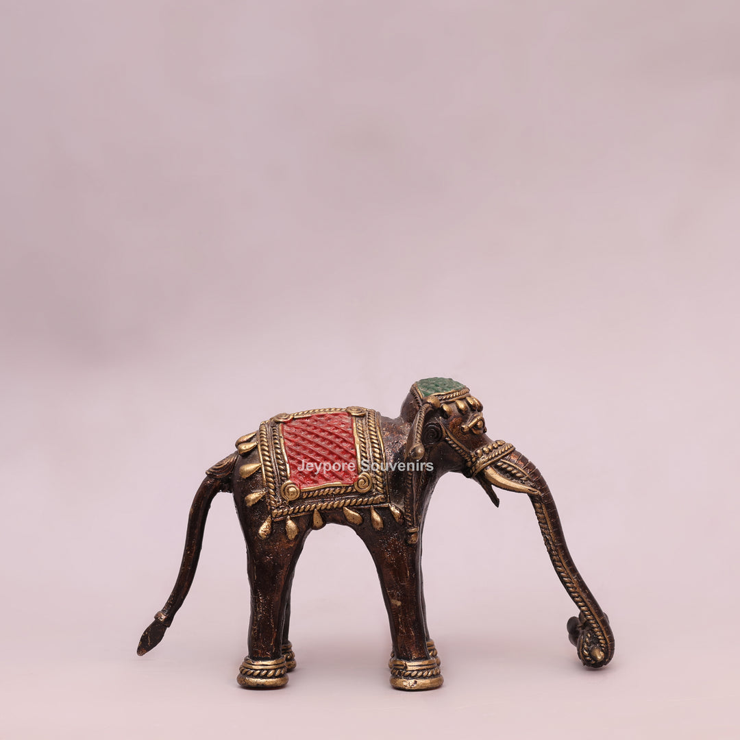 Handcrafted Dhokra Brass Standing Elephant Statue with Red Saddle