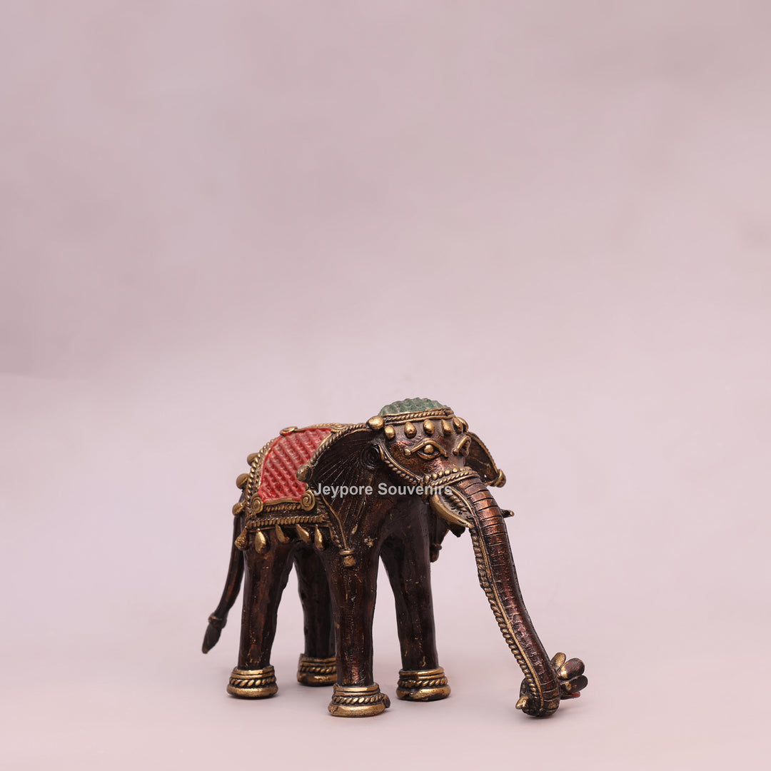Handcrafted Dhokra Brass Standing Elephant Statue with Red Saddle