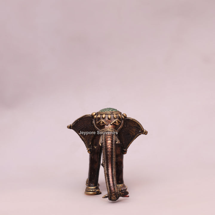 Handcrafted Dhokra Brass Standing Elephant Statue with Red Saddle