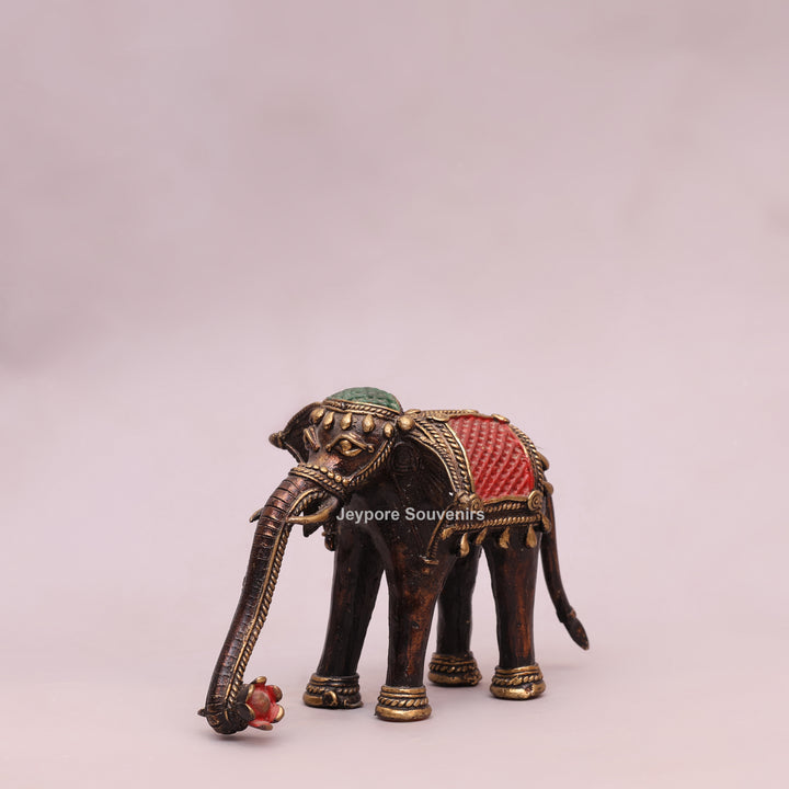 Handcrafted Dhokra Brass Standing Elephant Statue with Red Saddle