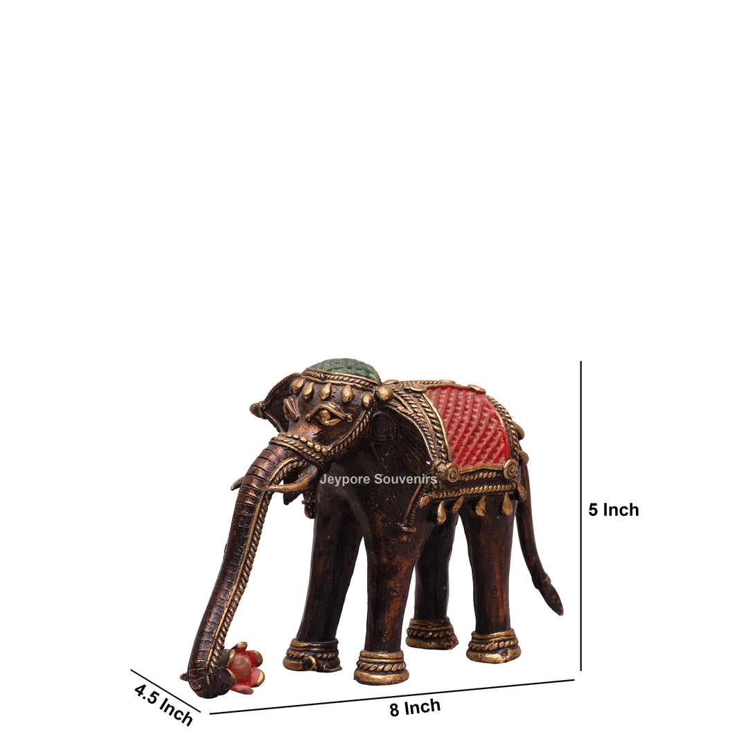 Handcrafted Dhokra Brass Standing Elephant Statue with Red Saddle