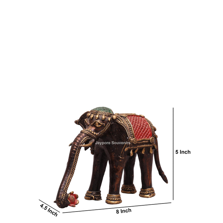Handcrafted Dhokra Brass Standing Elephant Statue with Red Saddle