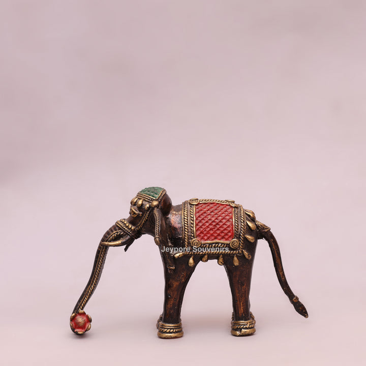 Handcrafted Dhokra Brass Standing Elephant Statue with Red Saddle