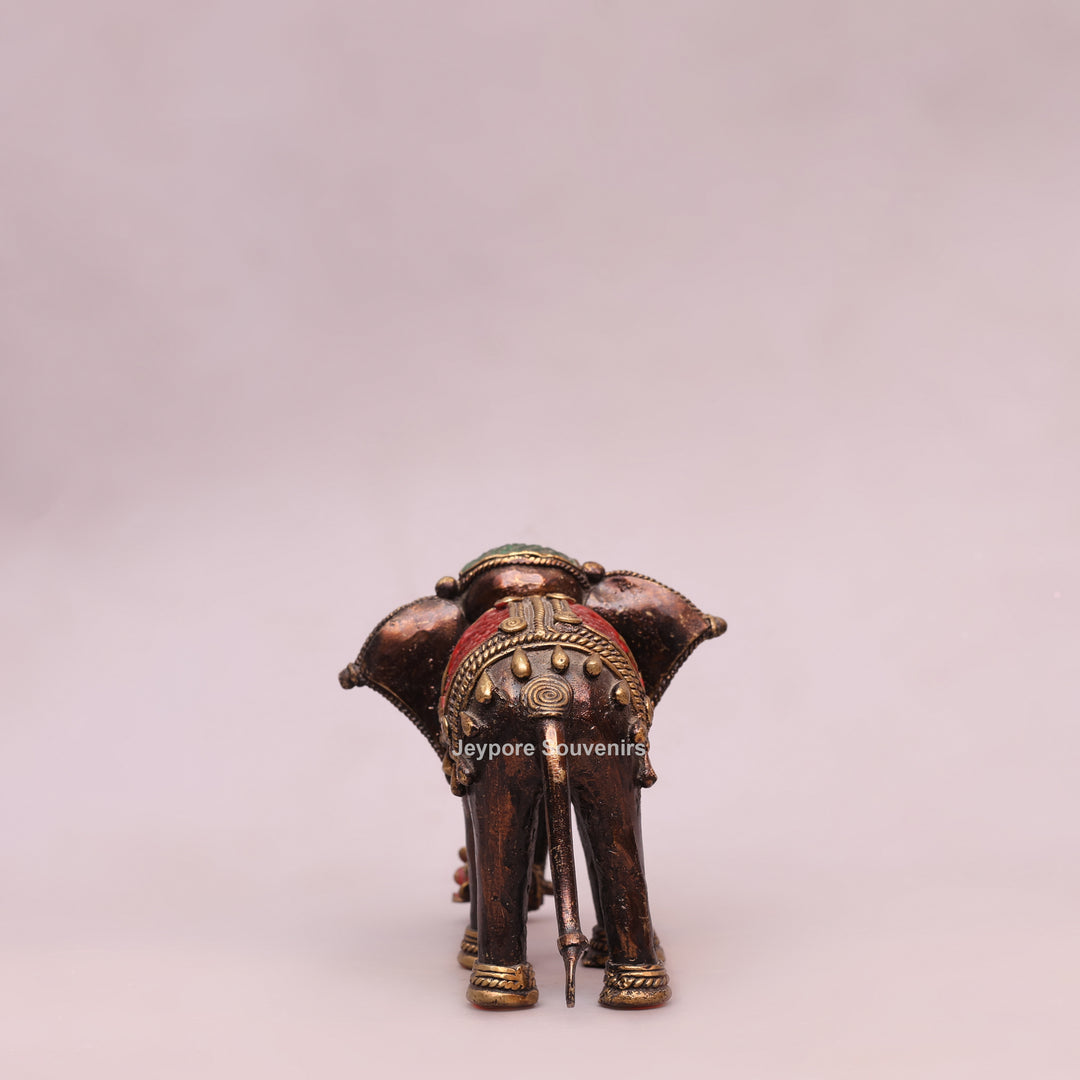 Handcrafted Dhokra Brass Standing Elephant Statue with Red Saddle