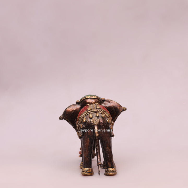 Handcrafted Dhokra Brass Standing Elephant Statue with Red Saddle