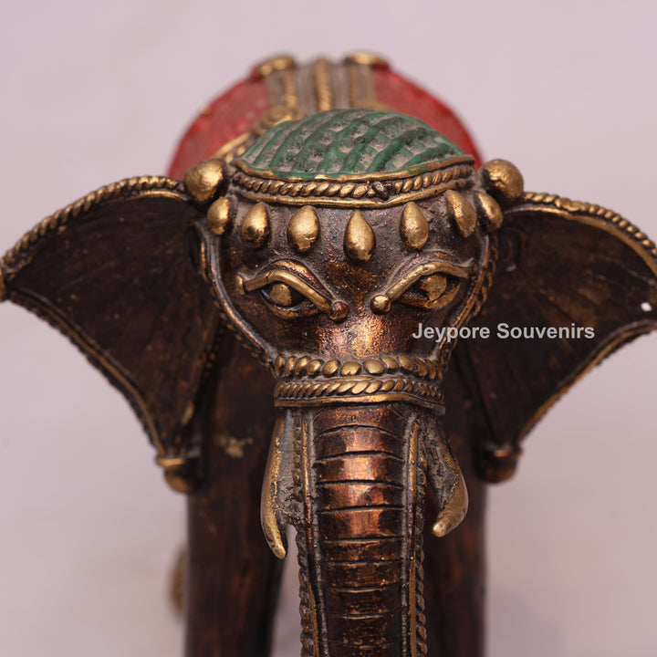 Handcrafted Dhokra Brass Standing Elephant Statue with Red Saddle