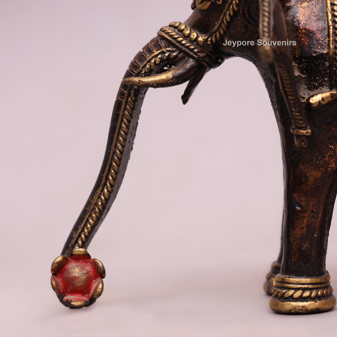 Handcrafted Dhokra Brass Standing Elephant Statue with Red Saddle